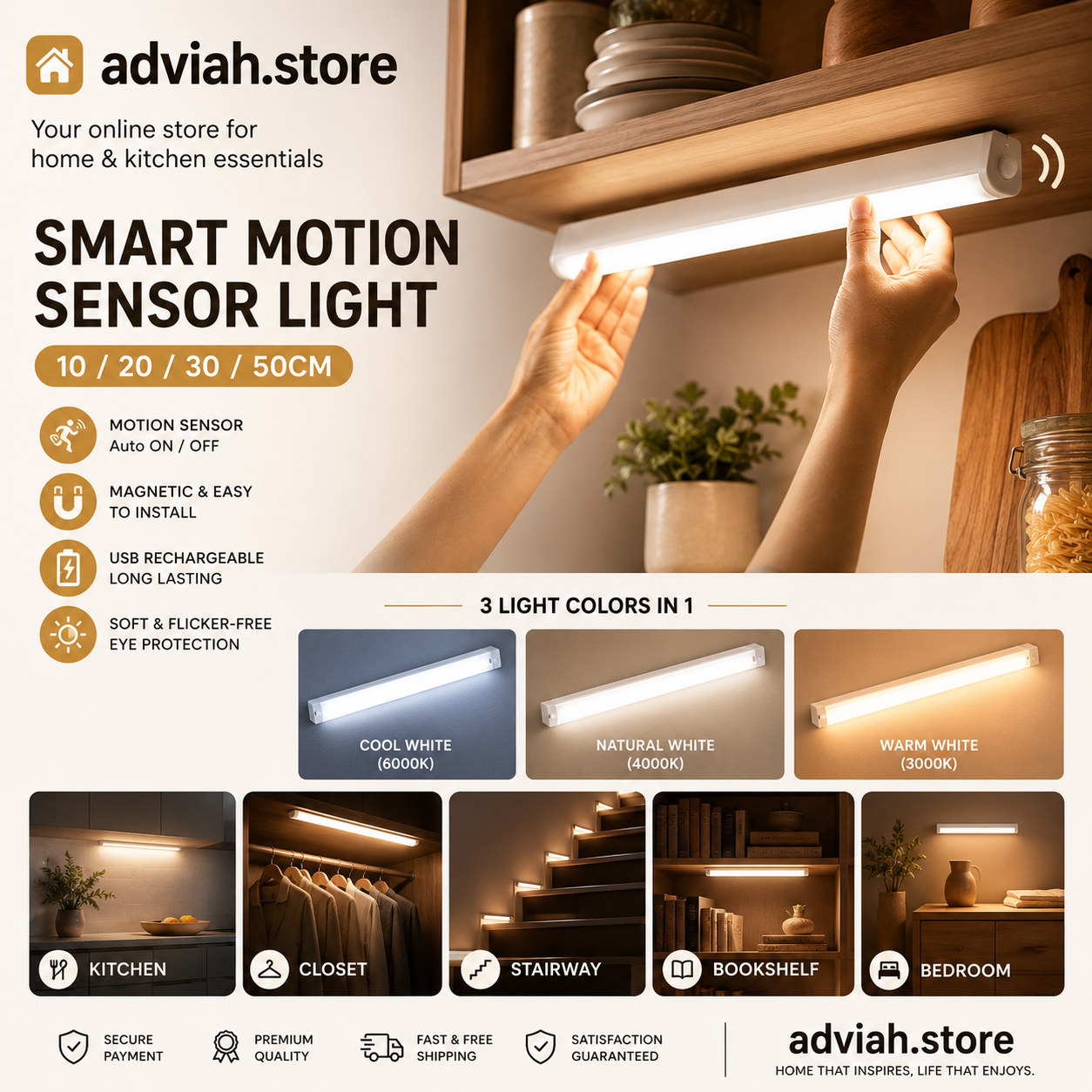 ✨ Brighten Your Home Instantly! 💡 USB Rechargeable • Motion Sensor • No Batteries Needed 🔥 Perfect for closets, stairs & kitchen cabinets!