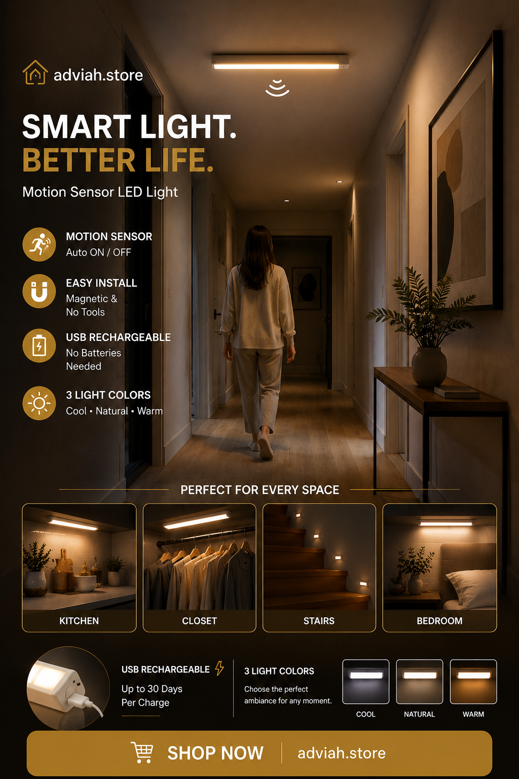 ✨ Brighten Your Home Instantly! 💡 USB Rechargeable • Motion Sensor • No Batteries Needed 🔥 Perfect for closets, stairs & kitchen cabinets!