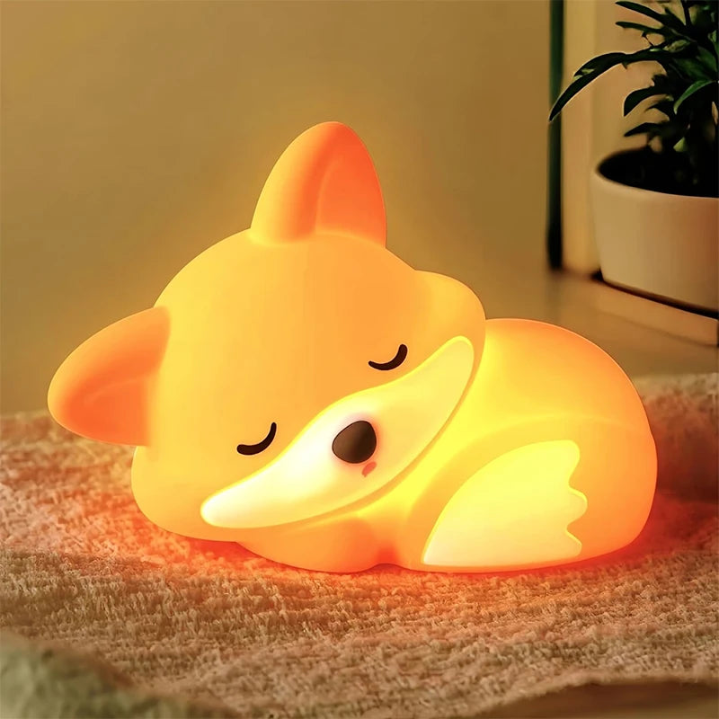 Cute Fox LED Night Light – Rechargeable, Dimmable & Soft Squishy Lamp for Kids
