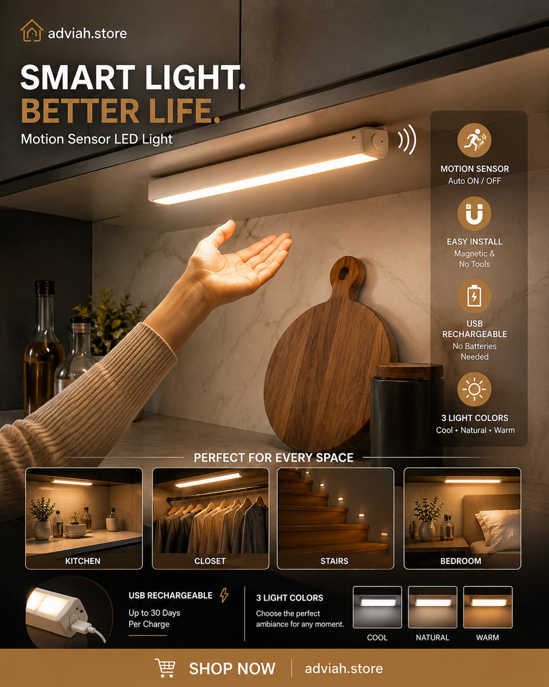 ✨ Brighten Your Home Instantly! 💡 USB Rechargeable • Motion Sensor • No Batteries Needed 🔥 Perfect for closets, stairs & kitchen cabinets!